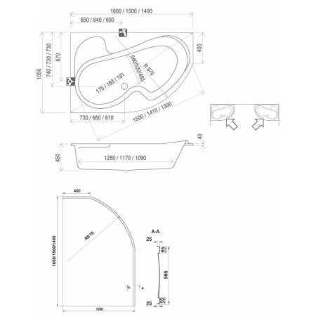 Baignoire asymétrique rosa dimensions